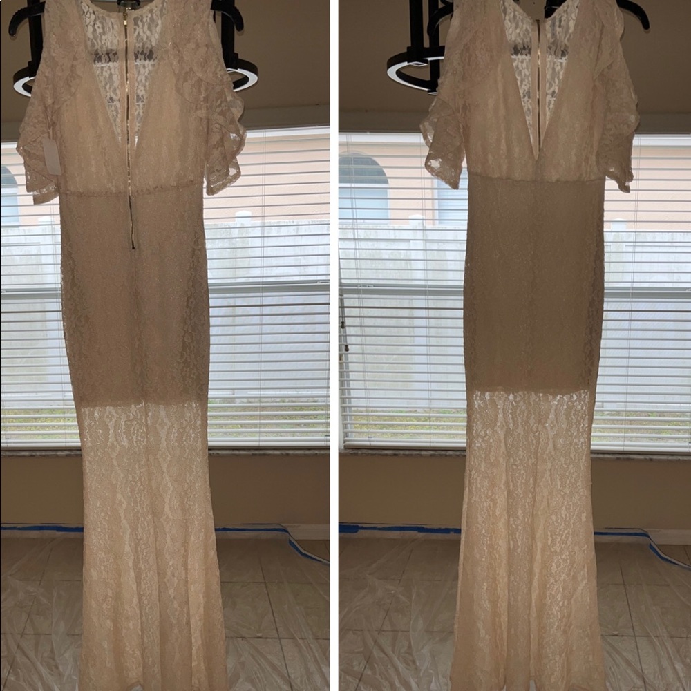 Long cream formal lace dress with skirt under